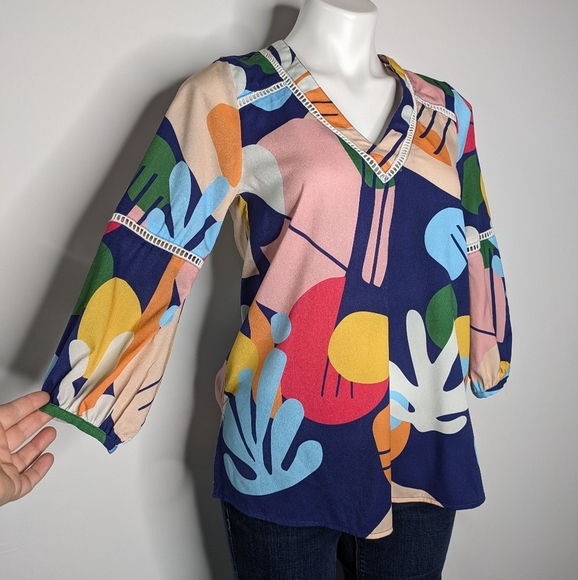 Crosby By Mollie Burch Jannie Colorful Abstract V Neck Tunic Top XS - Picture 4 of 8